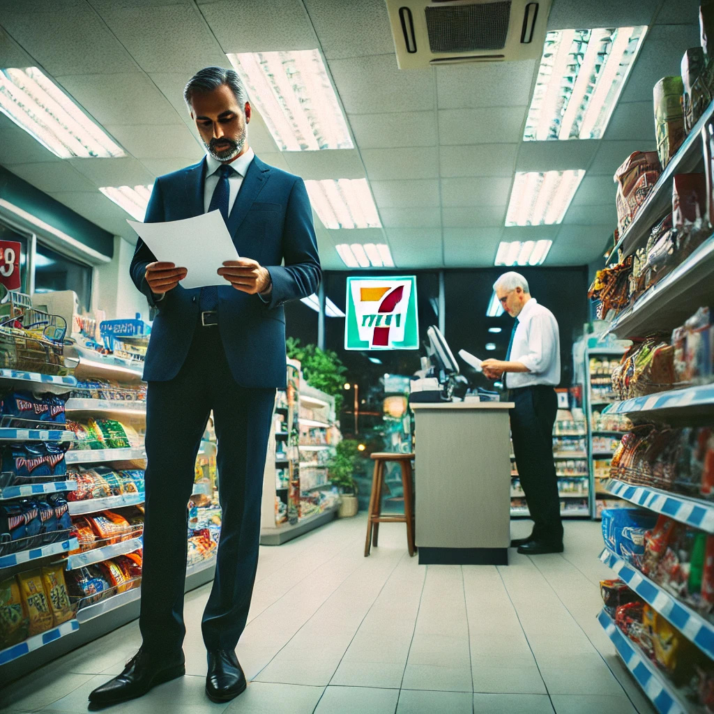 businessman standing at 7/11